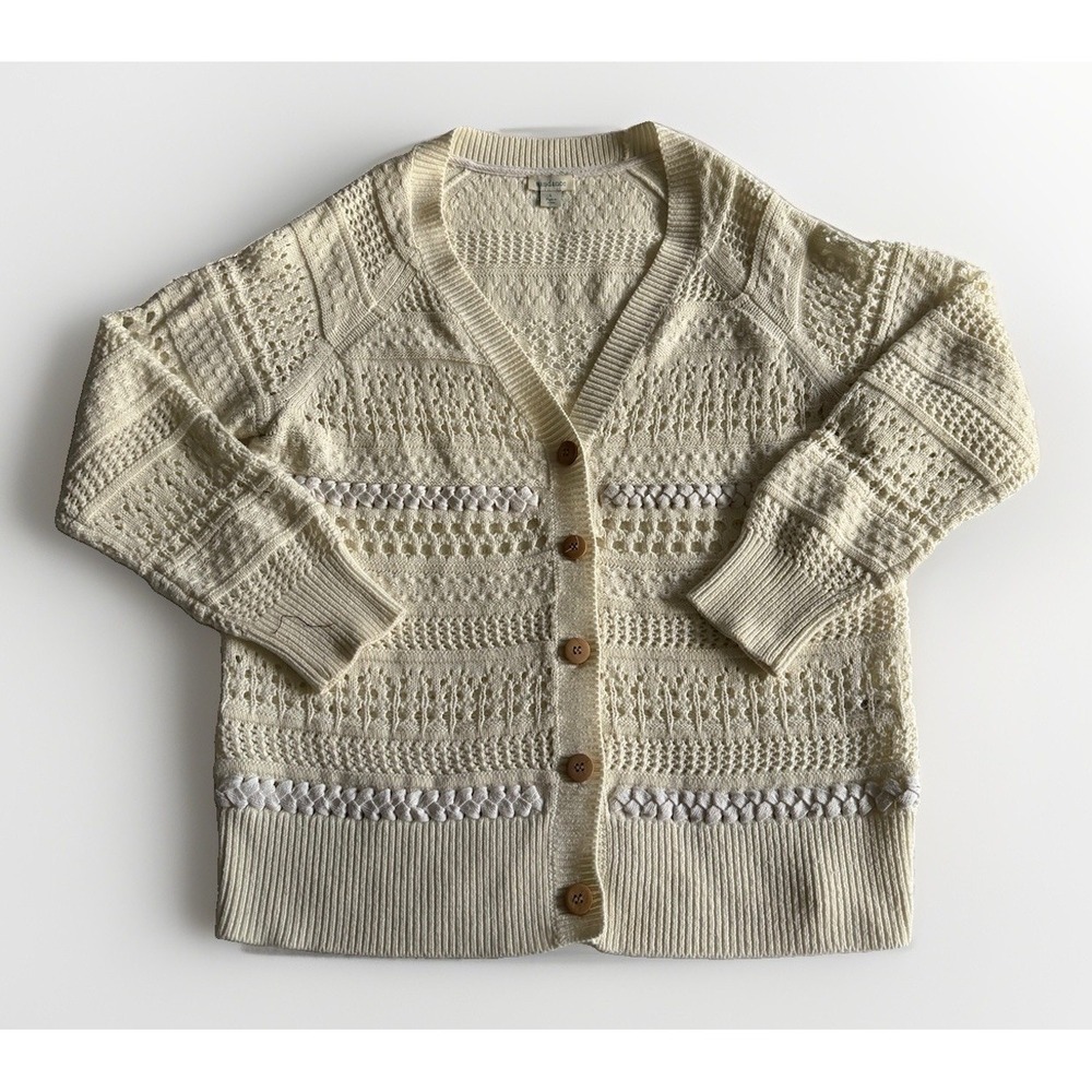 Sundance Cardigan Wooden Button Cream Cotton Crochet Open Knit Cottagecore L